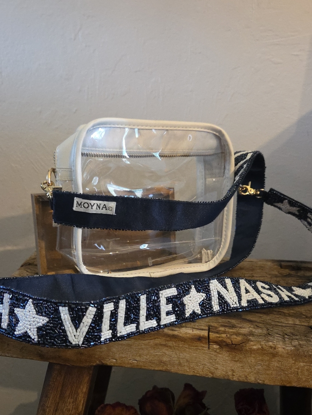 MOYNA Clear Crossbody Bag in Cream with Navy Strap